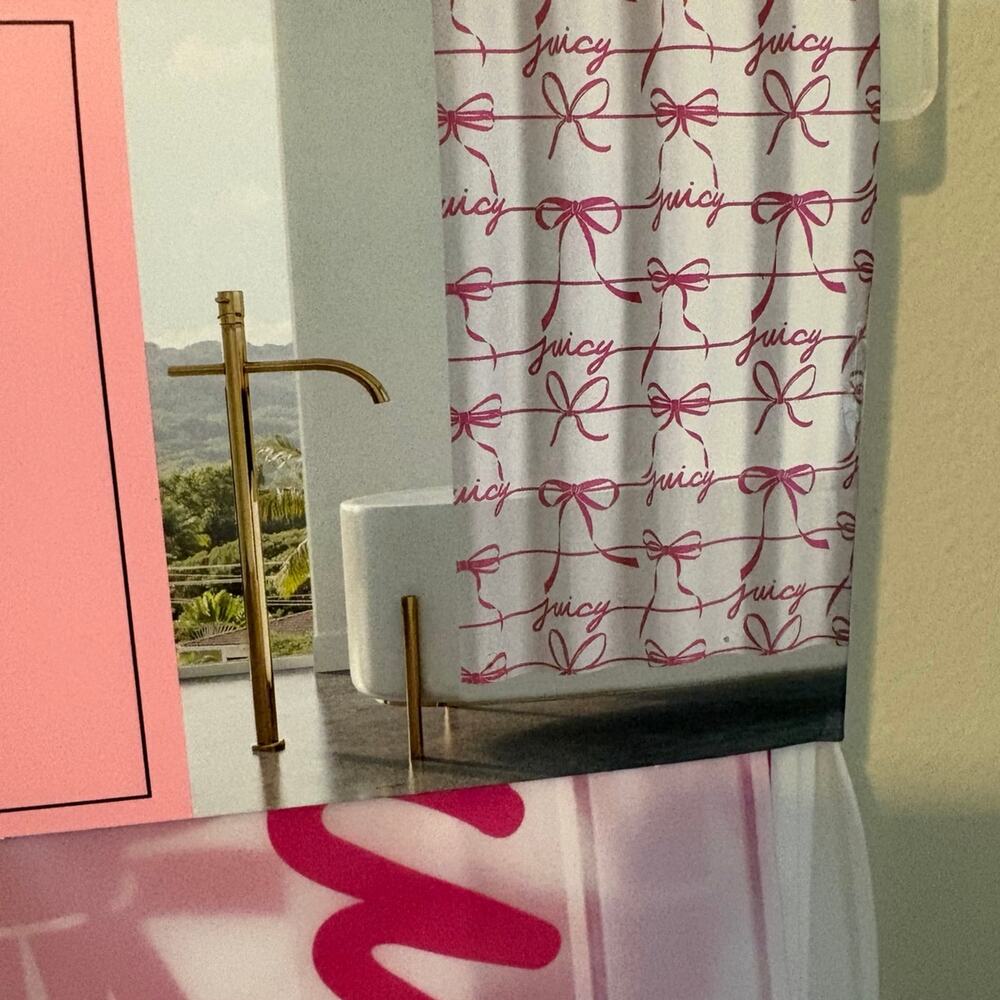 Juicy Couture Pink Ribbon & Logo Print Shower Curtain NWT
